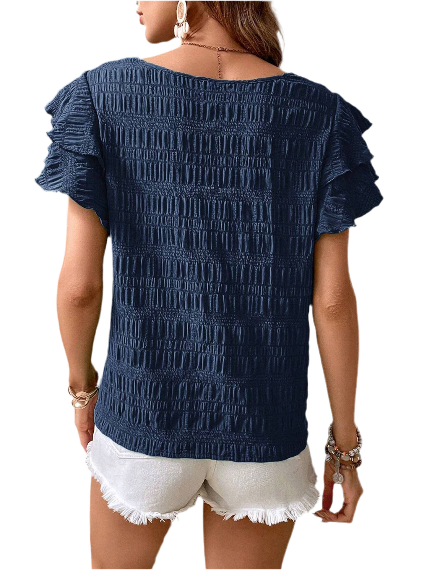 Double Layered Ruffle Sleeve Round Neck Temperament T-shirt