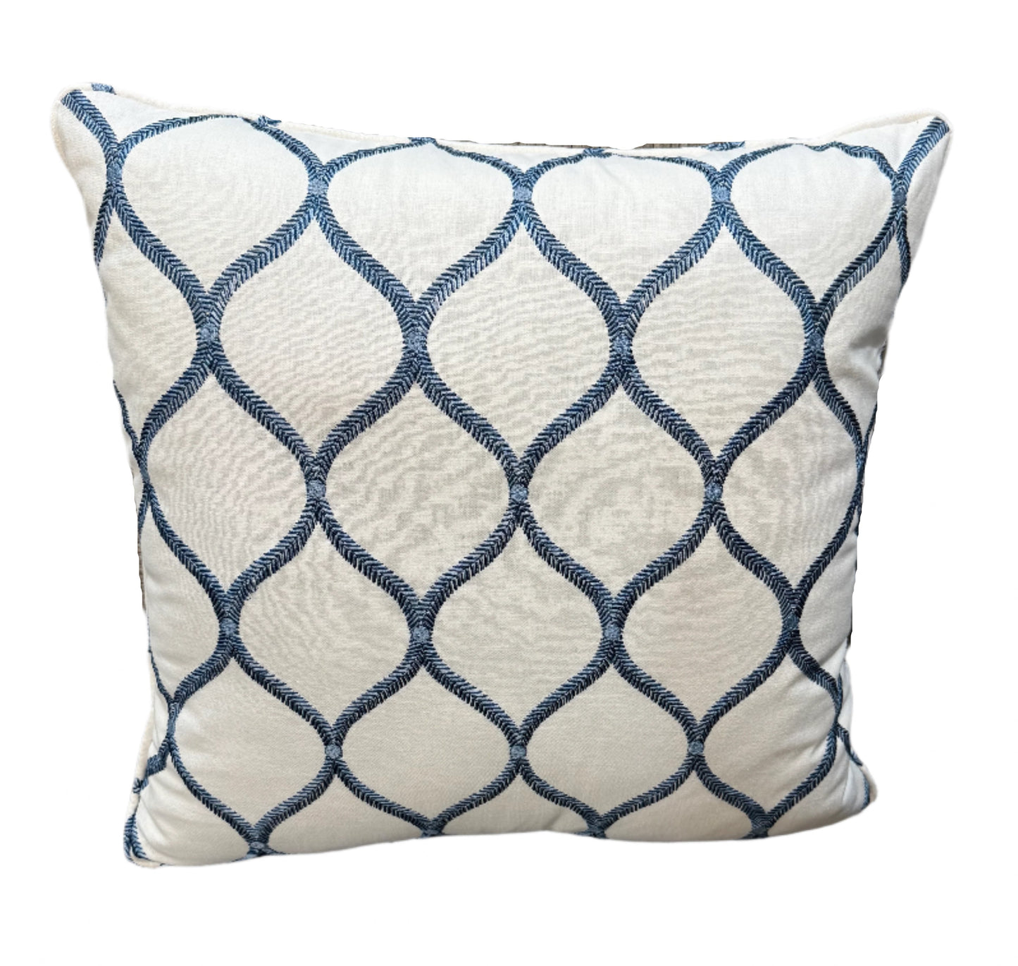 18 x 18 Blue and White Lattice Embroidered Throw Pillow