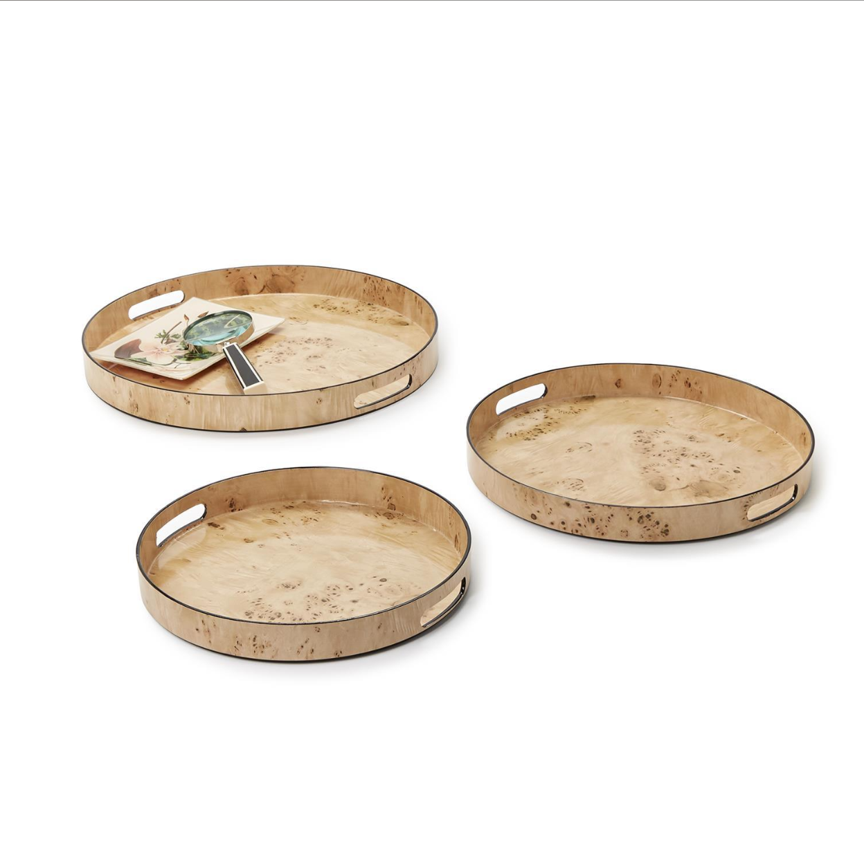 Set of 3 Burled Wood Pattern Round Tray