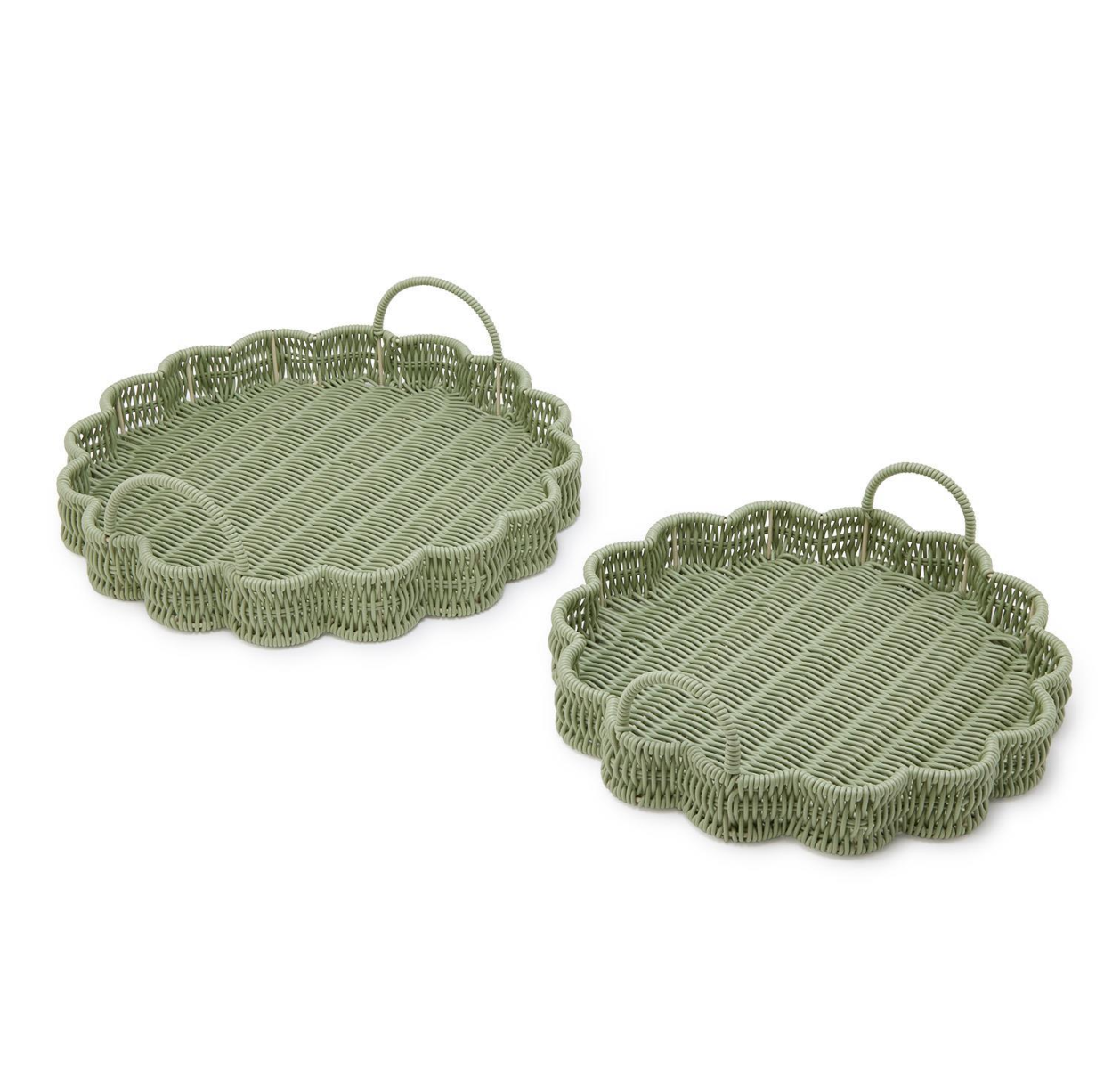 Set of 2 All Weather Wicker Scallop Edge Green Round Serving Tray with Handles