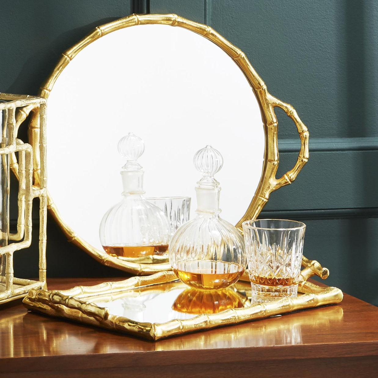 Golden Bamboo Mirror Decorative Tray Assorted 2 Designs: Round and Rectangle