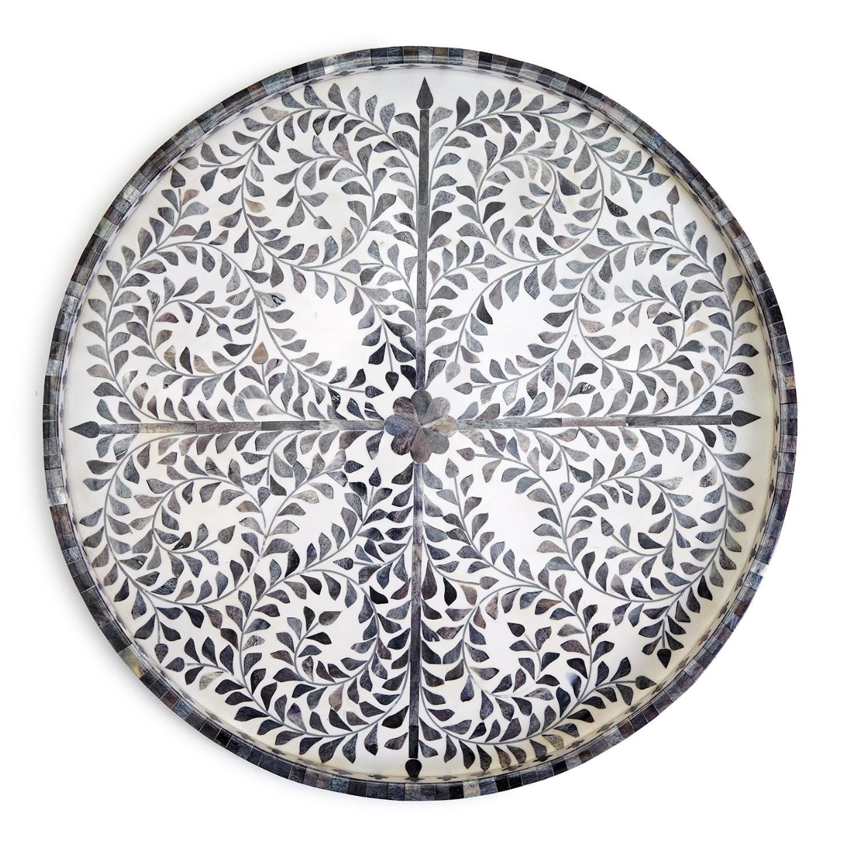Jaipur Palace Gray and White Inlaid Decorative Round Serving Tray