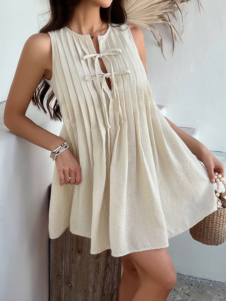 Tie Pleated Sleeveless Dress