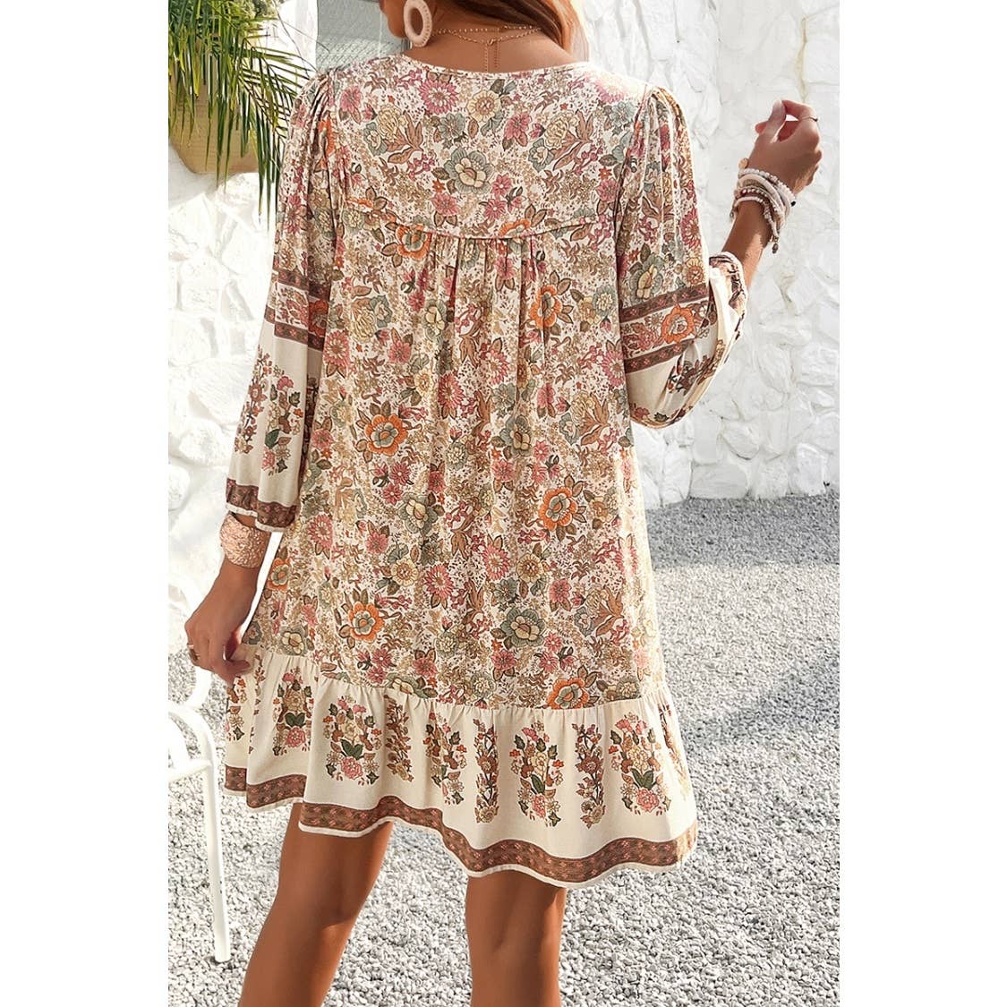 Ruched Bohe Print V Neck Ruffle Hem Tassel Dress