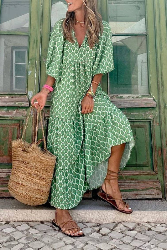 Bohemia Floral Balloon Sleeves loose flare swing dress