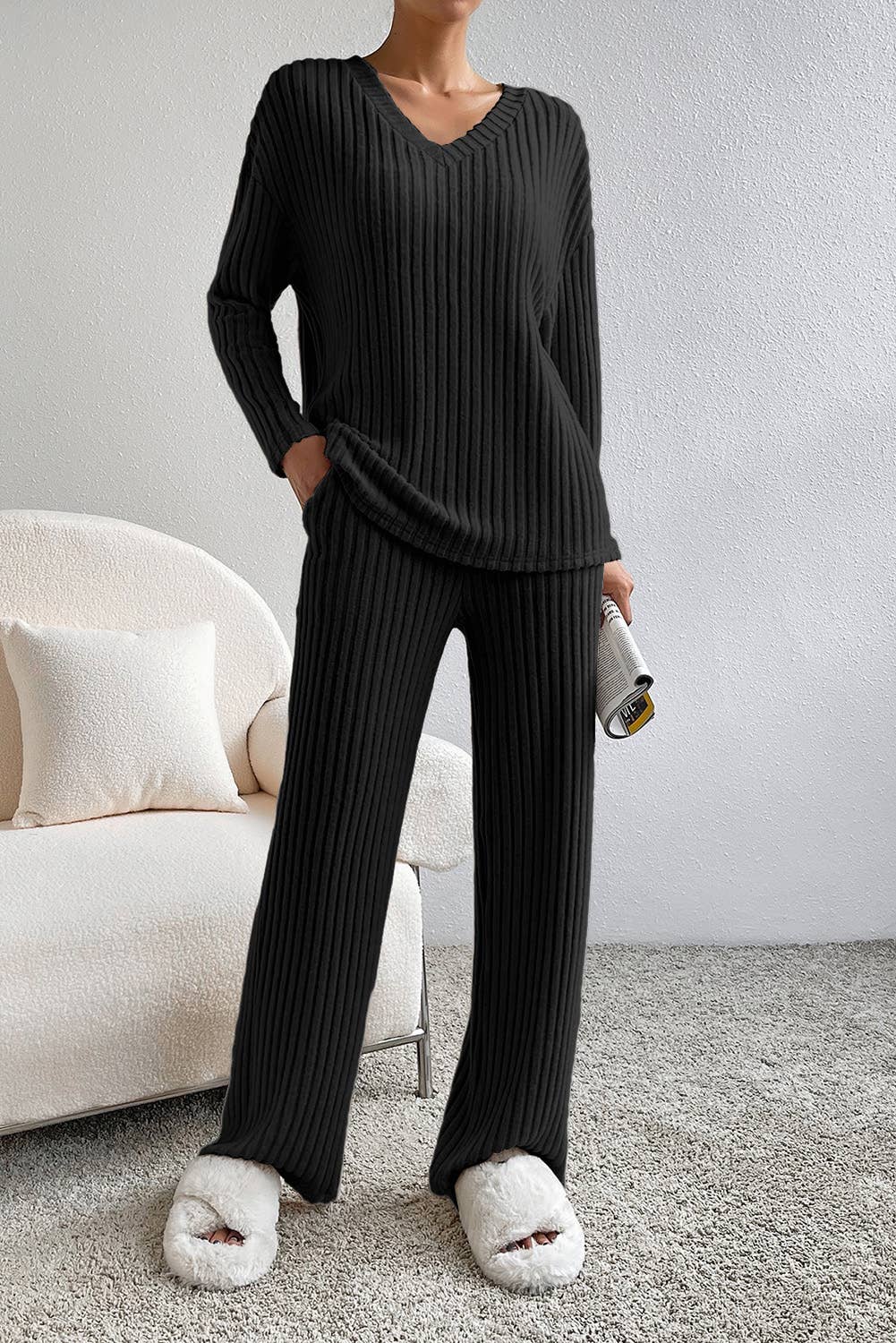 Ribbed Knit V Neck Slouchy Two-piece Outfit