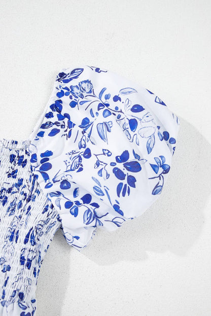 Floral Print Square Neck Bubble Sleeve High Waist Maxi Dress