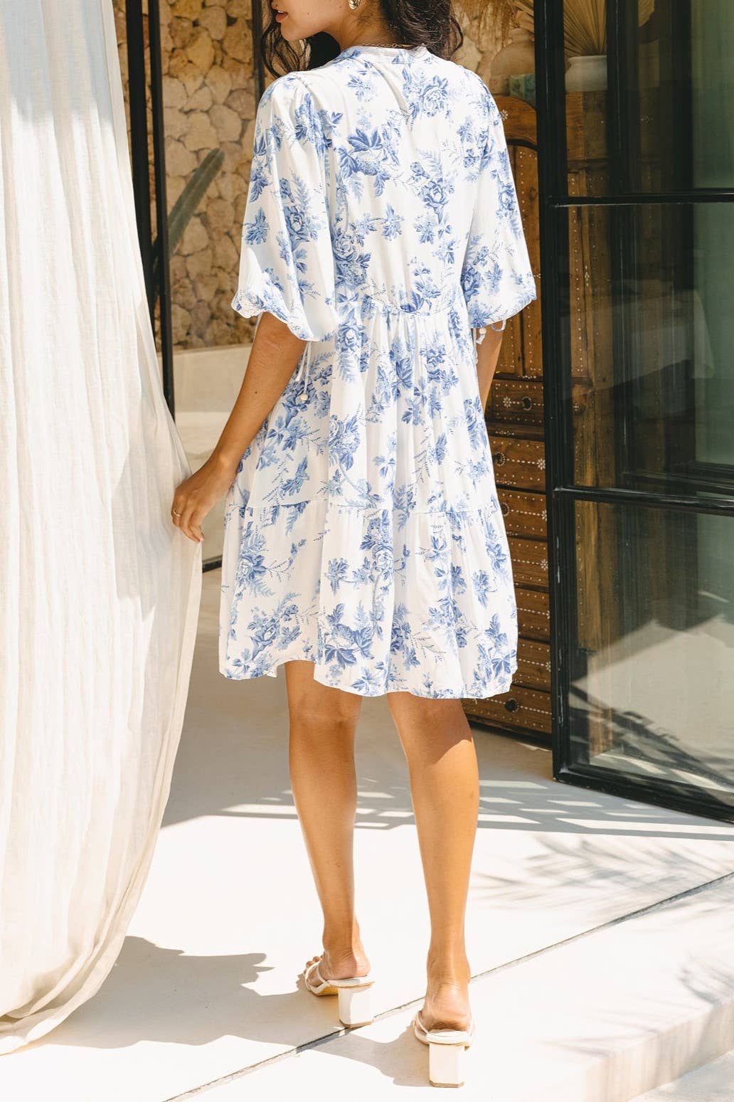 Boho Blue Floral puff sleeve Tiered babydoll dress