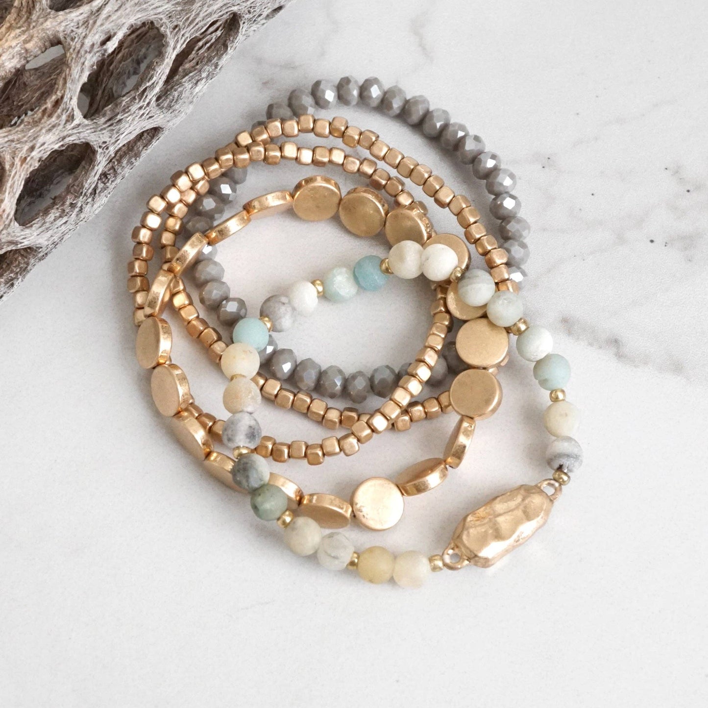 5 piece Boho Beaded Bracelets Stack Semi Precious Metal Glass