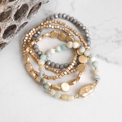 5 piece Boho Beaded Bracelets Stack Semi Precious Metal Glass