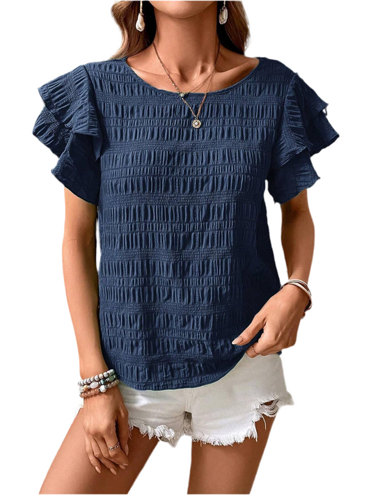Double Layered Ruffle Sleeve Round Neck Temperament T-shirt