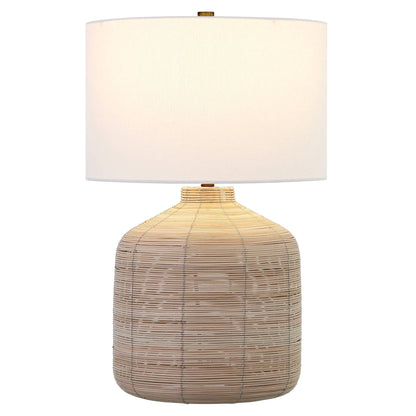 27" Natural Rattan Table Lamp With White Drum Shade SET OF 2