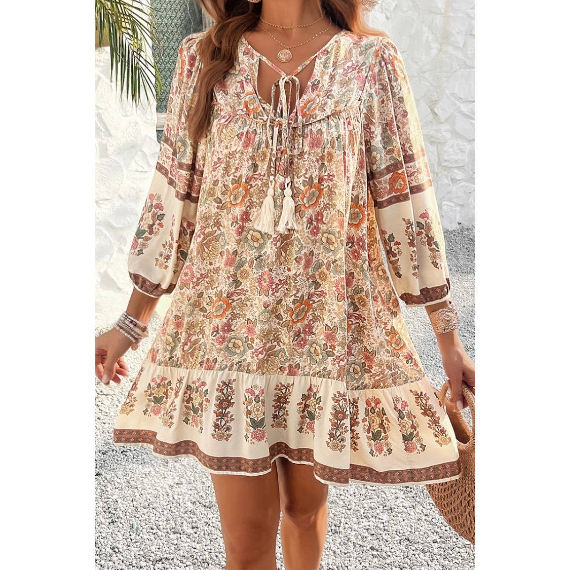 Ruched Bohe Print V Neck Ruffle Hem Tassel Dress