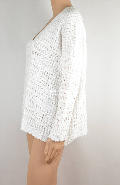 White Openwork Pullover Knit Sweater