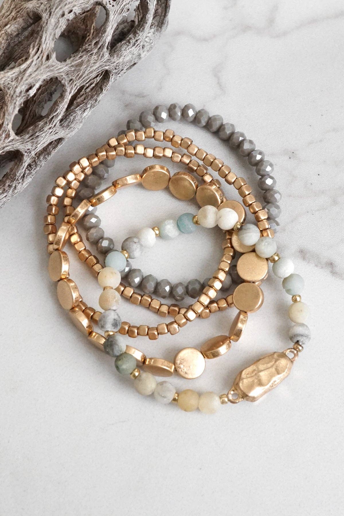 5 piece Boho Beaded Bracelets Stack Semi Precious Metal Glass