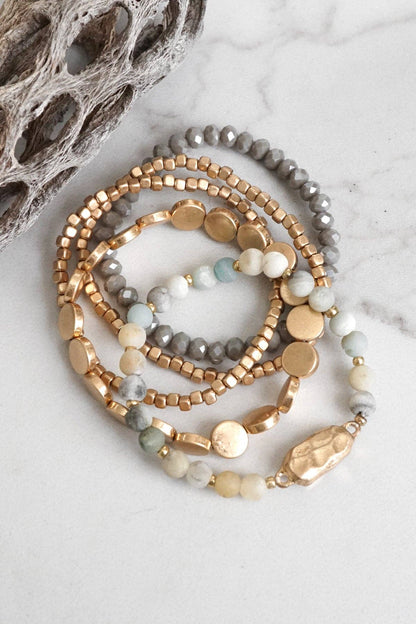 5 piece Boho Beaded Bracelets Stack Semi Precious Metal Glass