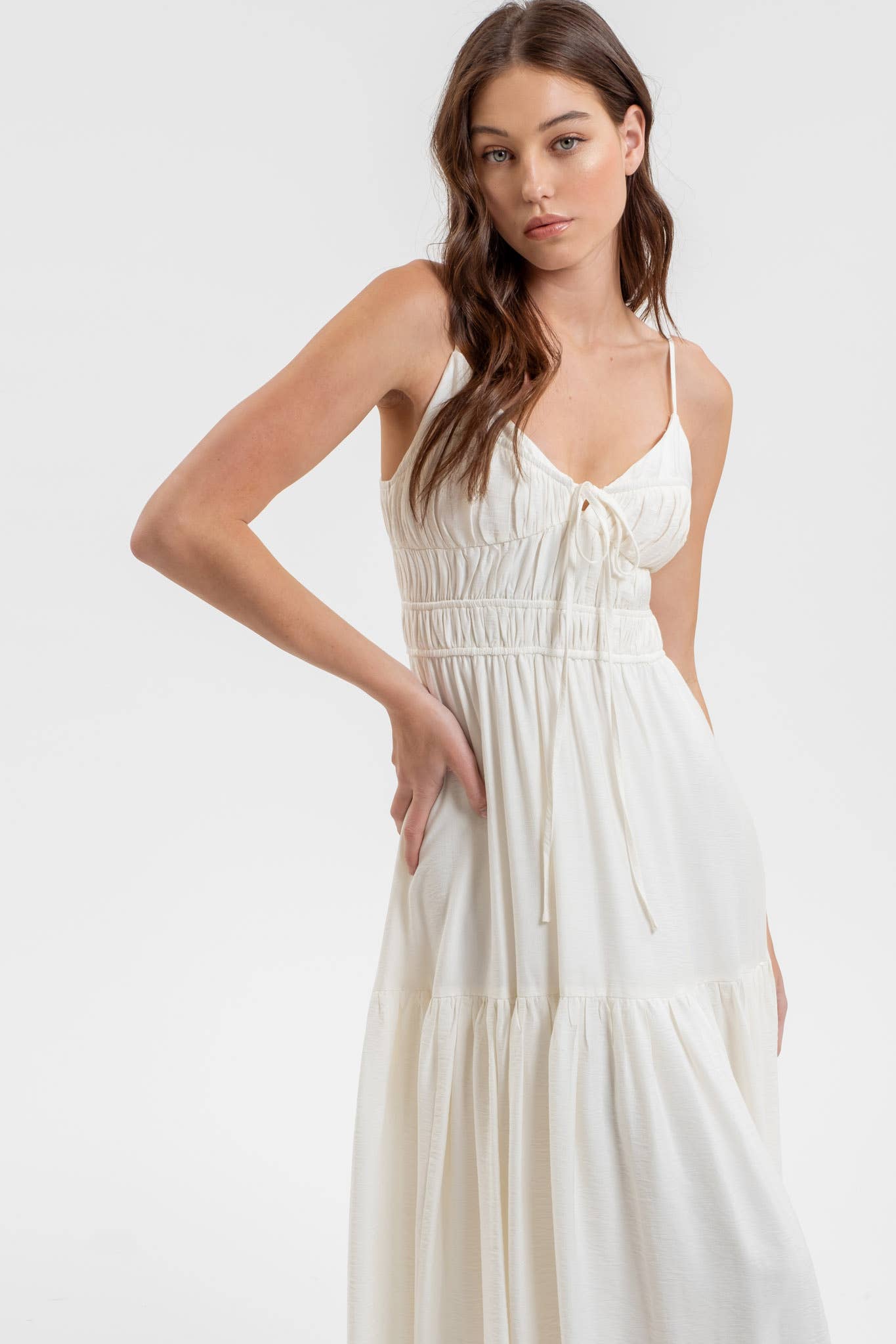 Shirred Front Tie Sleeveless Midi Dress