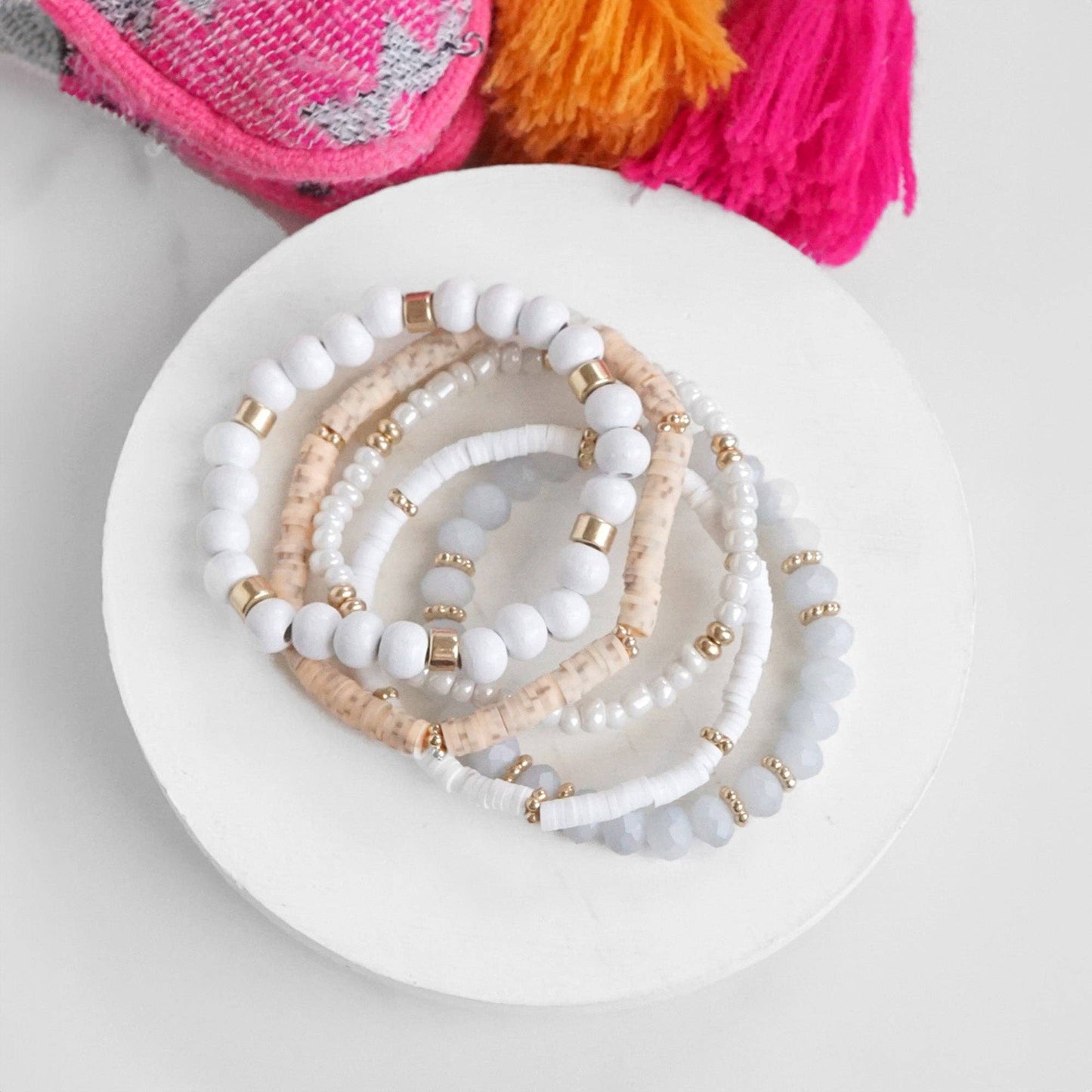 Summer Fresh Neutrals stack clay glass wood beads bracelets set