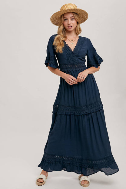 V-Neck Lace Trim Maxi Dress