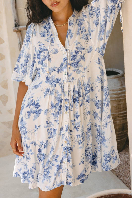 Boho Blue Floral puff sleeve Tiered babydoll dress