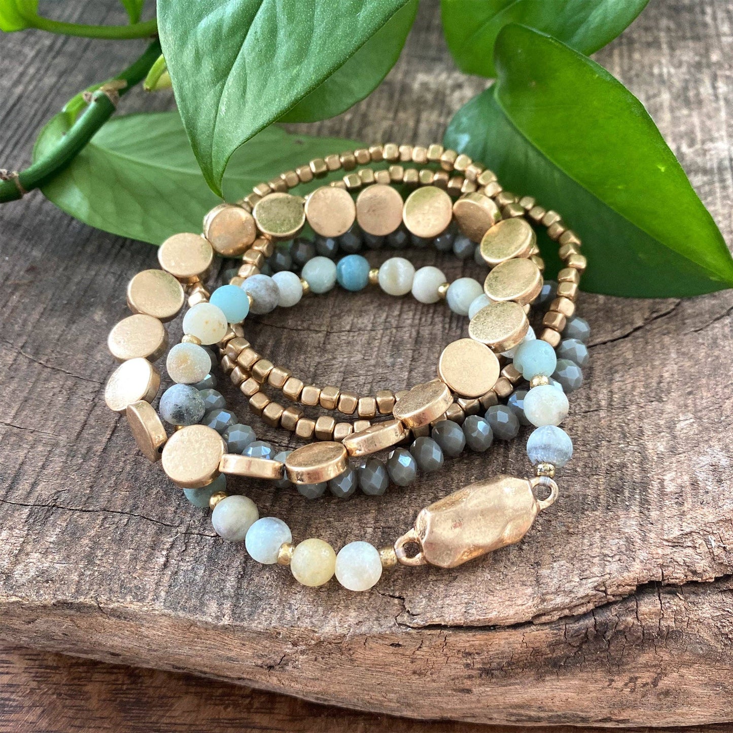 5 piece Boho Beaded Bracelets Stack Semi Precious Metal Glass