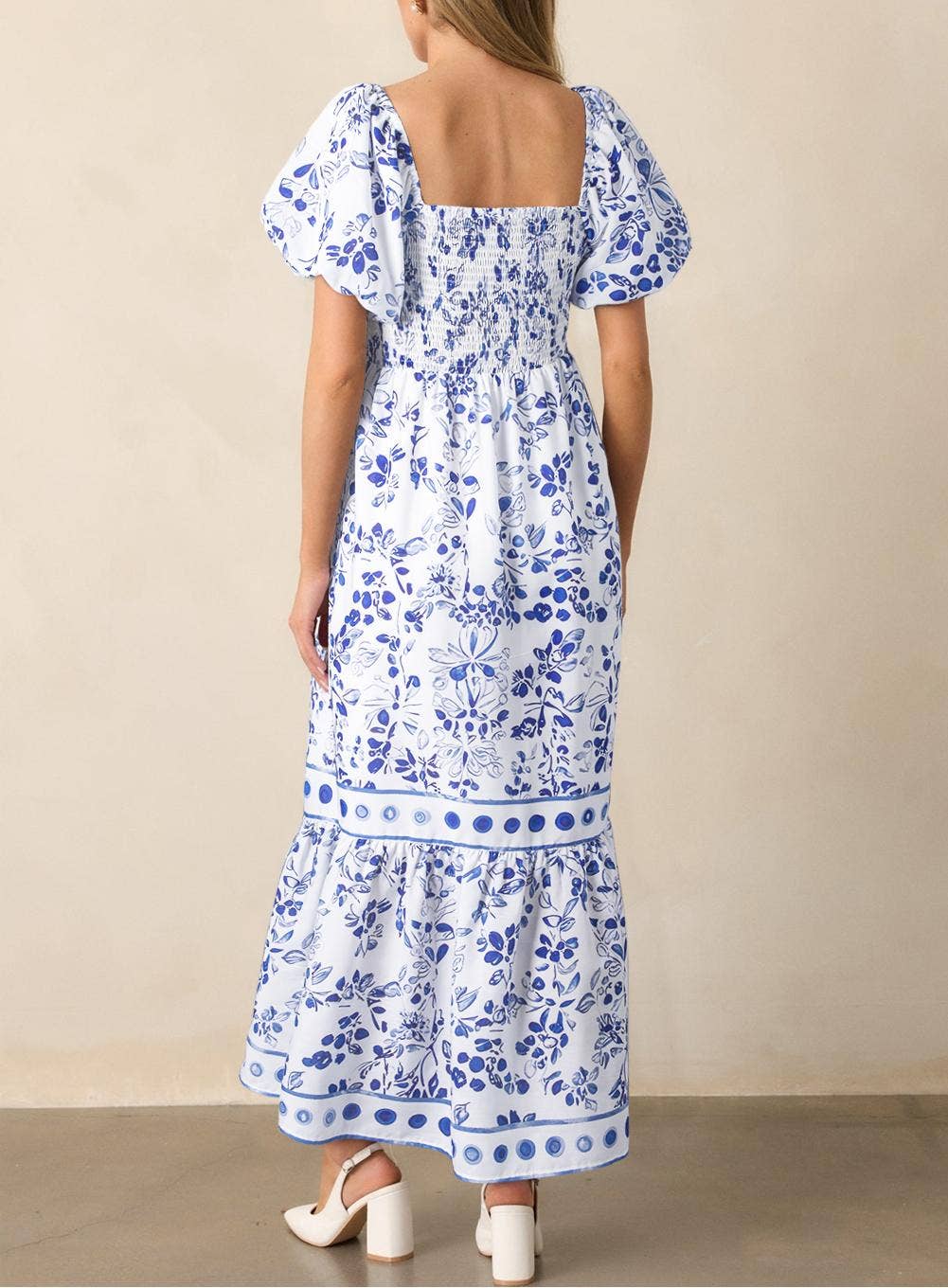 Floral Print Square Neck Bubble Sleeve High Waist Maxi Dress