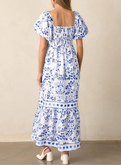 Floral Print Square Neck Bubble Sleeve High Waist Maxi Dress