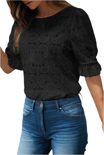 LDC Flower Jacquard Keyhole Flounce Sleeve Top