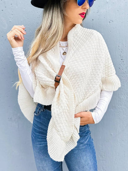 Elegant Ivory Triangle Ruffle Shawl with Faux Leather Belt