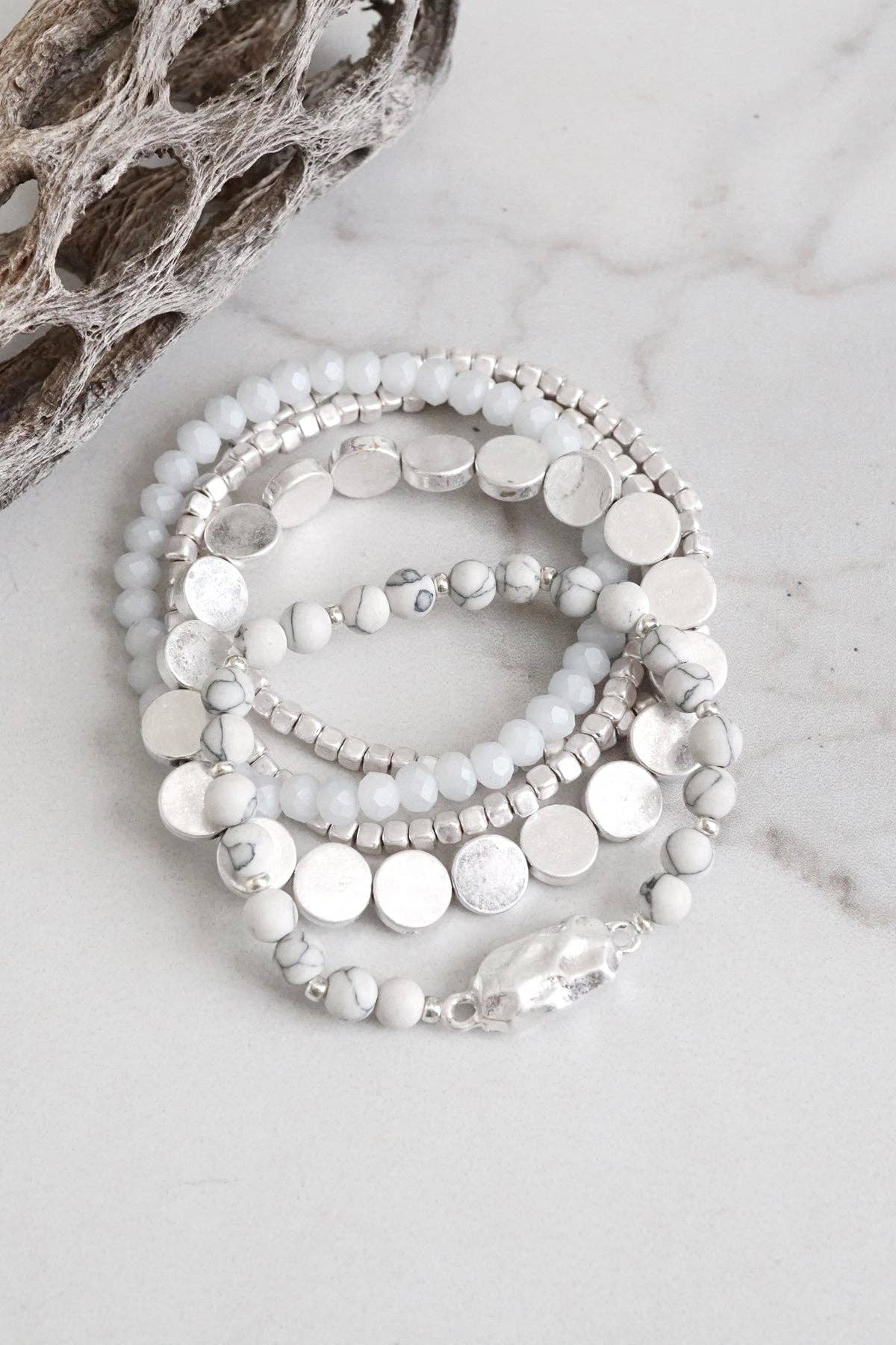 5 piece Boho Beaded Bracelets Stack Semi Precious Metal Glas