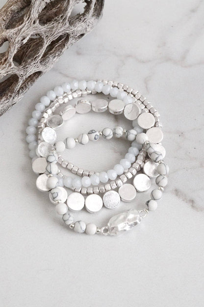 5 piece Boho Beaded Bracelets Stack Semi Precious Metal Glas