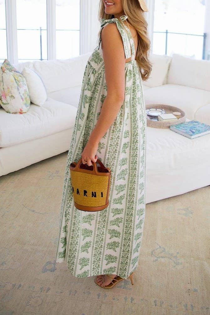 Calista Ethnic Floral Print midi dress with bow straps