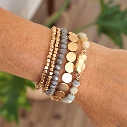 5 piece Boho Beaded Bracelets Stack Semi Precious Metal Glass