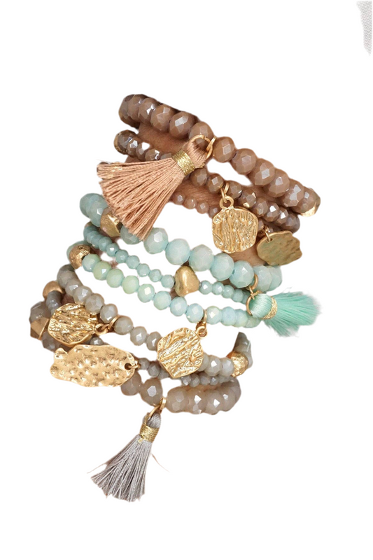 Beaded bracelet stack with tassel coin Aqua Taupe Rose Black