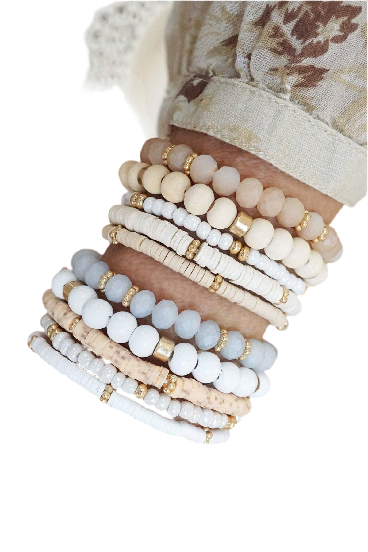 Summer Fresh Neutrals stack clay glass wood beads bracelets set