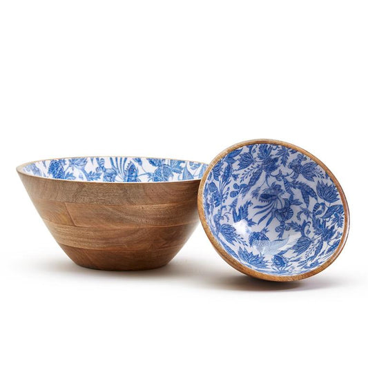 Two’s Company Set of 2 Wood Bowls Blue Batik Hand-Crafted