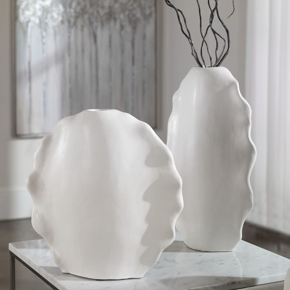 Ruffled Feathers Indoor-Outdoor Vases, White, S/2