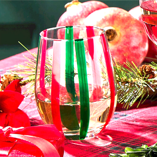Holiday Cheer Set of 4 Red and Green Stripes Hand-Painted Stemless Wine Glass