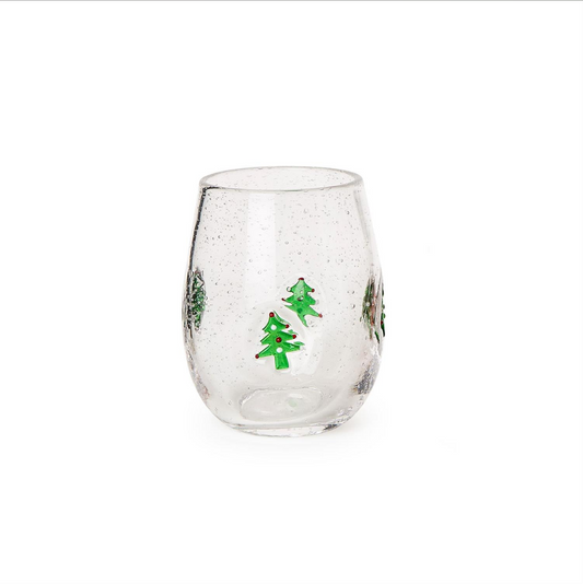 Holiday Cheer Clear Stemless Wine Glass with Bubbles and Tree Icon