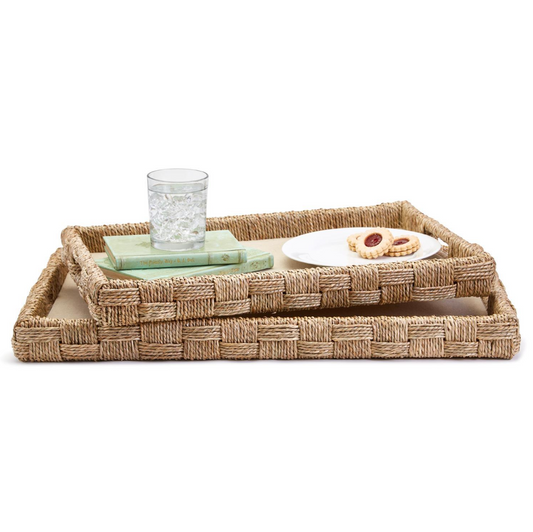Set of 2 Hand-Crafted Sea Grass and Rattan Oversized Decorative Square Tray
