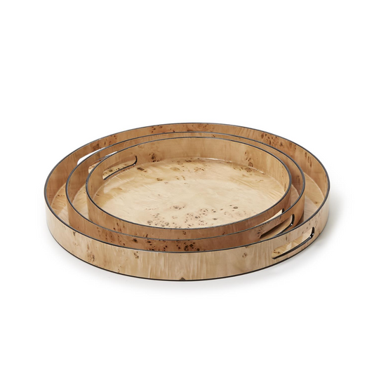 Set of 3 Burled Wood Pattern Round Tray