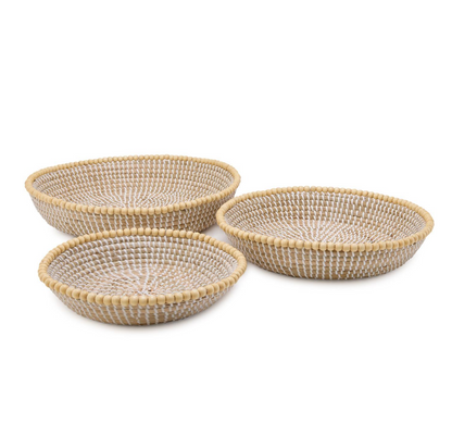 Set of 3 Natural Seagrass Decorative Round Trays with Decorative Wooden Bead Accent