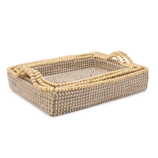 Set of 3 Natural Seagrass Decorative Rectangle Trays with Wooden Bead Accent