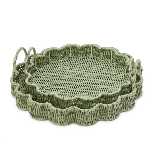 Set of 2 All Weather Wicker Scallop Edge Green Round Serving Tray with Handles