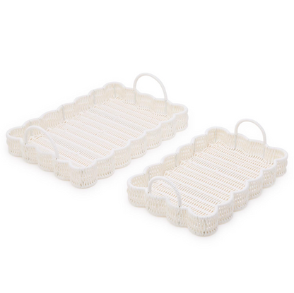 Set of 2 All Weather Wicker Scallop Edge Serving Trays with Handles