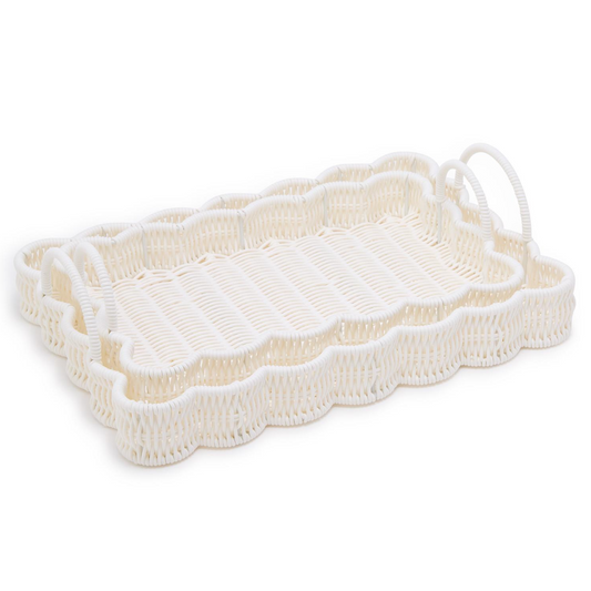 Set of 2 All Weather Wicker Scallop Edge Serving Trays with Handles