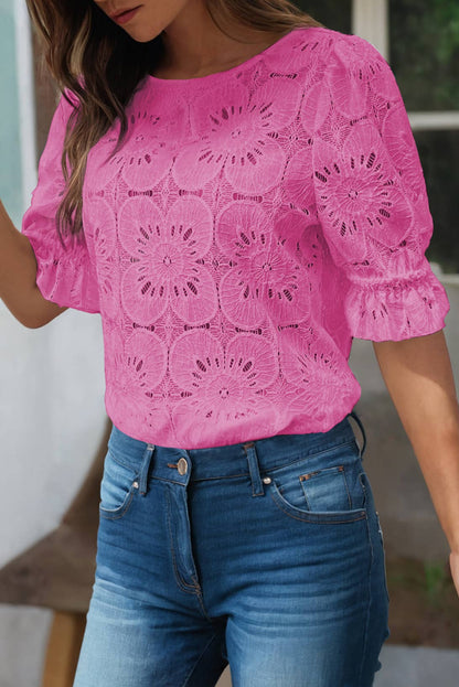 LDC Flower Jacquard Keyhole Flounce Sleeve Top