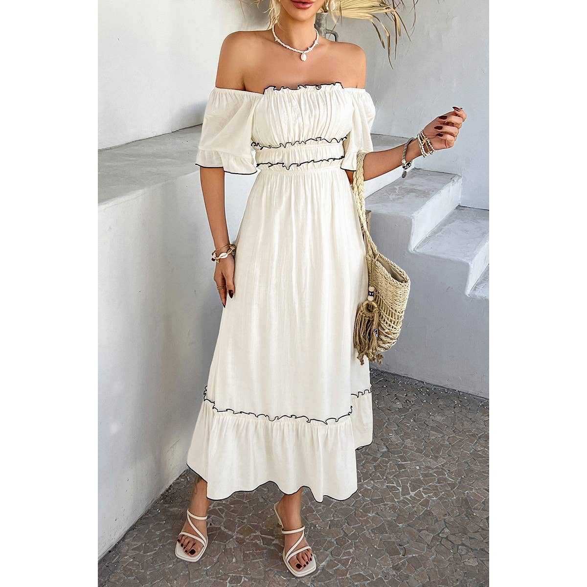 Off Shoulder Ruffle Trim Dress
