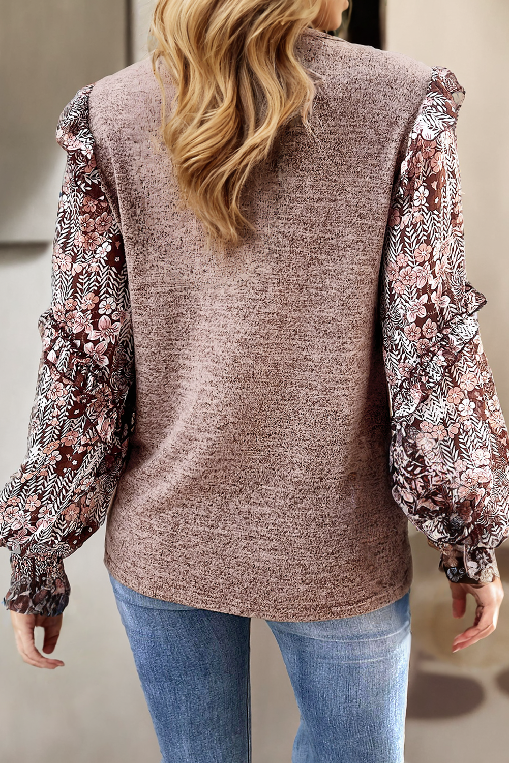 LDC Ruffle Tiered Floral Sleeve Crew Neck Blouse