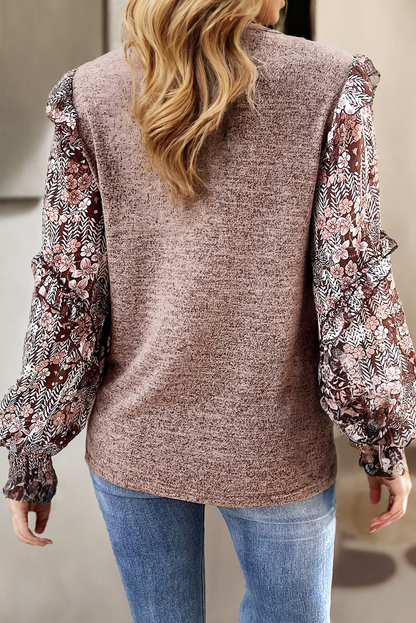 LDC Ruffle Tiered Floral Sleeve Crew Neck Blouse